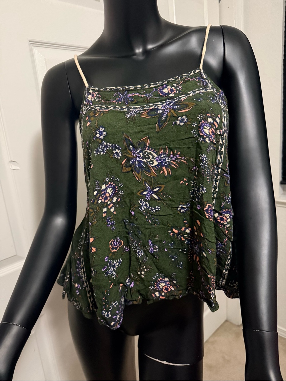 Free People Olive Green Floral Spaghetti Strap Cami